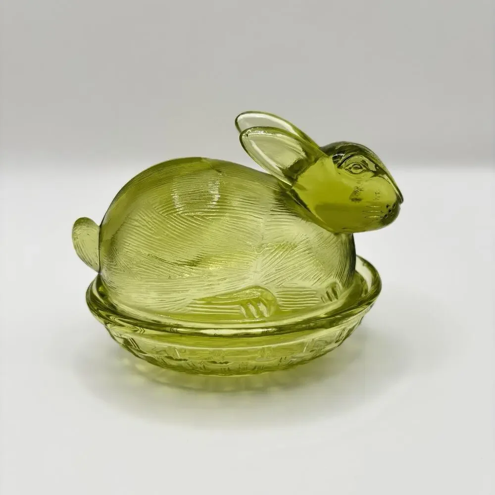 Bunny Rabbit On Nest Dish Vintage Green Glass Lidded Decorative Collectible